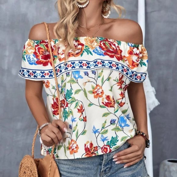 Boho Floral Off Shoulder Ruffle Trim Blouse Top Multi color - Picture 2 of 7